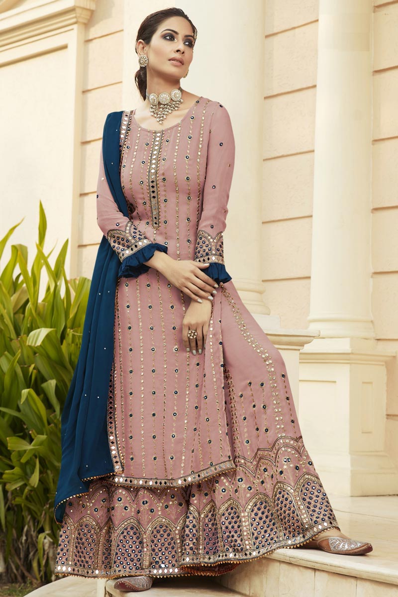 Georgette Fabric Function Wear Embroidered Pink Color Palazzo Salwar Kameez