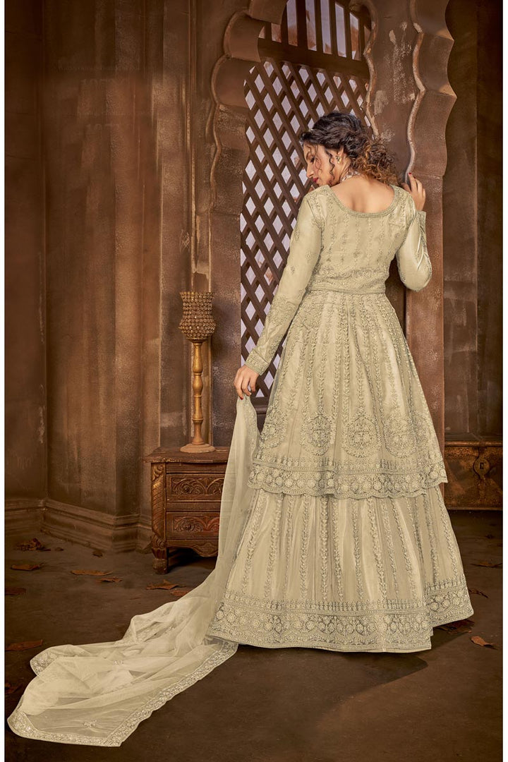 Cream Color Chic Embroidered Festive Wear Sharara Top Lehenga In Net Fabric