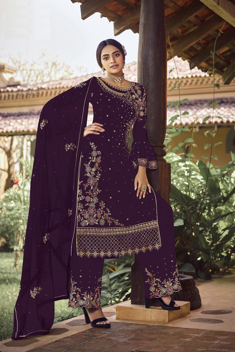 Georgette Fabric Function Wear Embroidered Purple Color Palazzo Suit