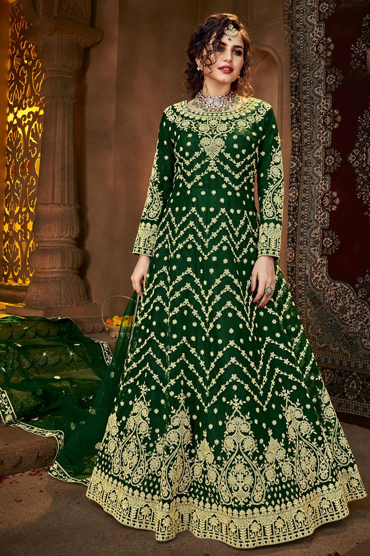 Green Color Net Fabric Party Style Anarkali Suit