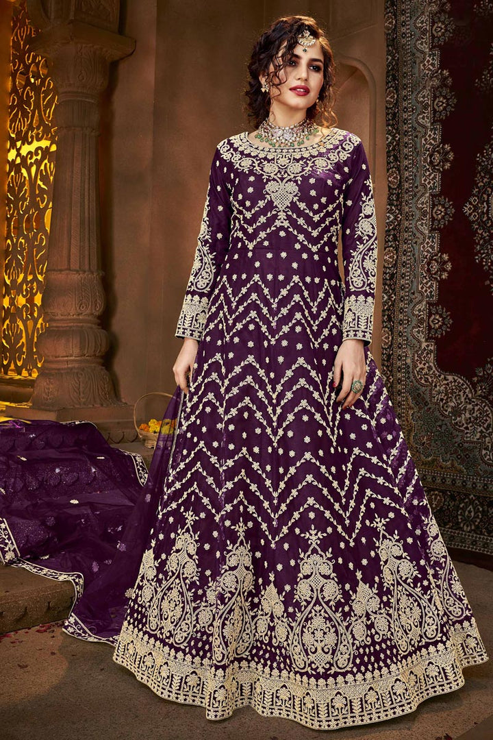Net Fabric Party Style Anarkali Suit In Purple Color