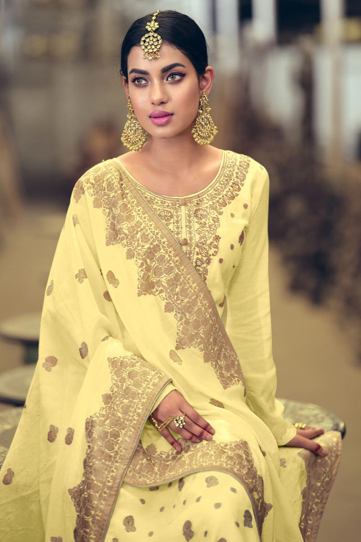 Art Silk Fabric Festive Wear Weaving Work Yellow Color Palazzo Suit