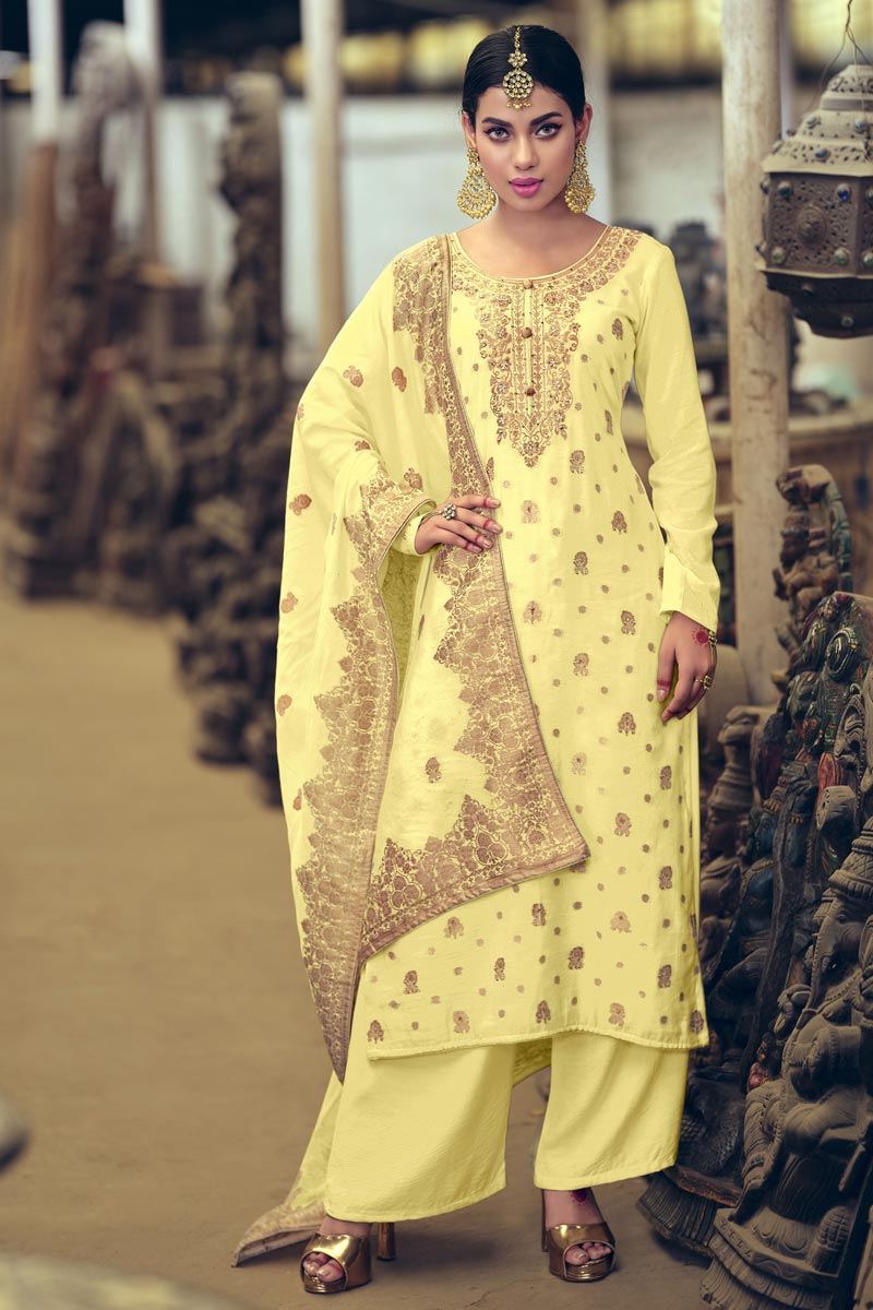 Art Silk Fabric Festive Wear Weaving Work Yellow Color Palazzo Suit