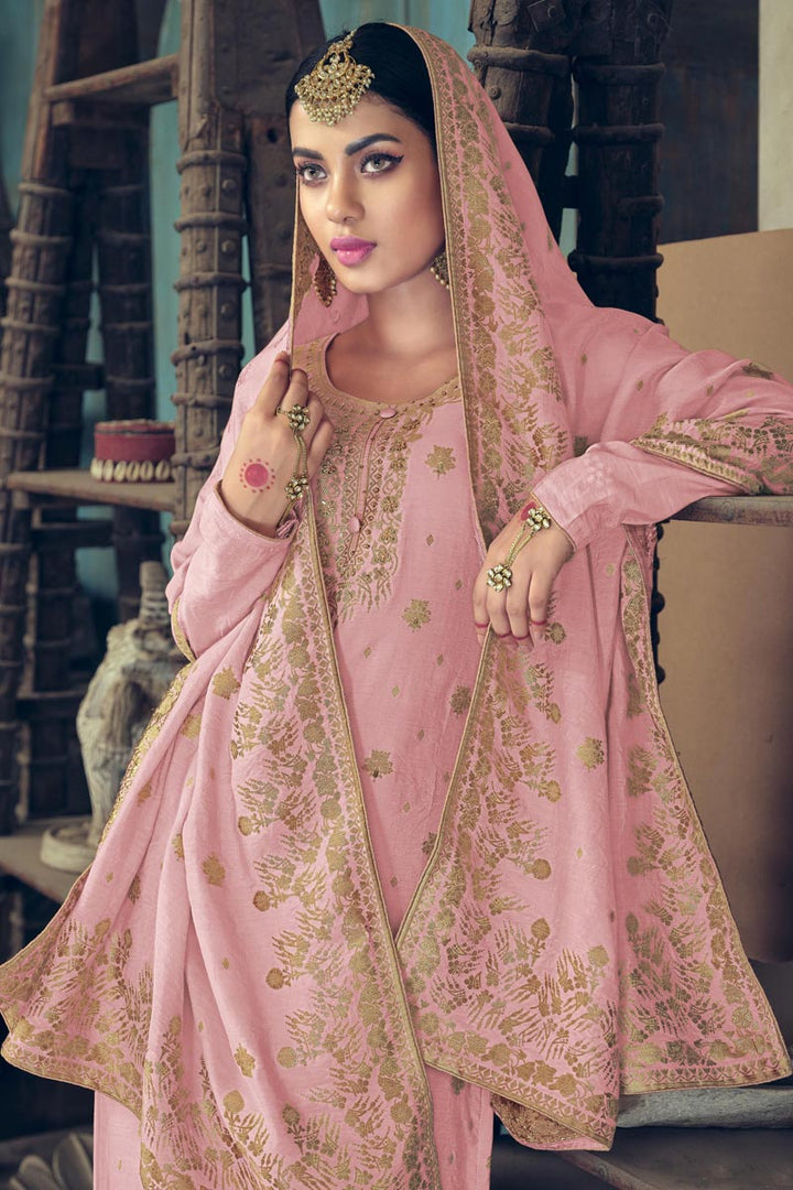 Pink Color Function Wear Weaving Work Art Silk Fabric Palazzo Suit