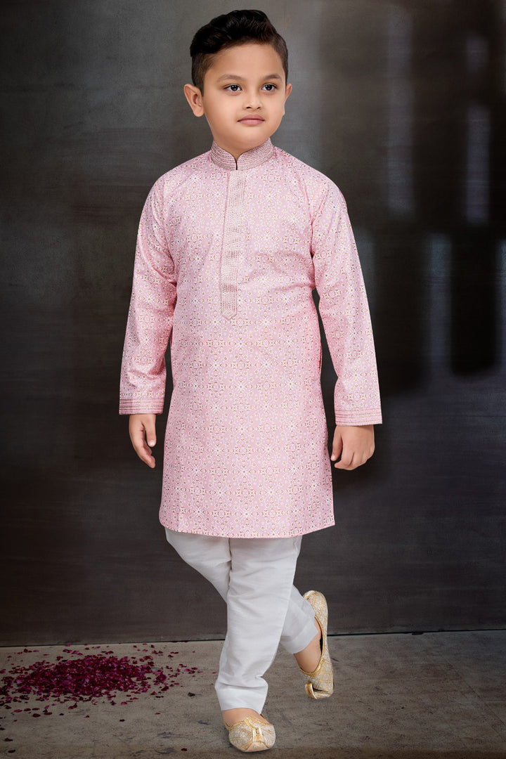 Traditional Wear Cotton Fabric Fancy Readymade Kurta Pyjama For Boys In Pink Color