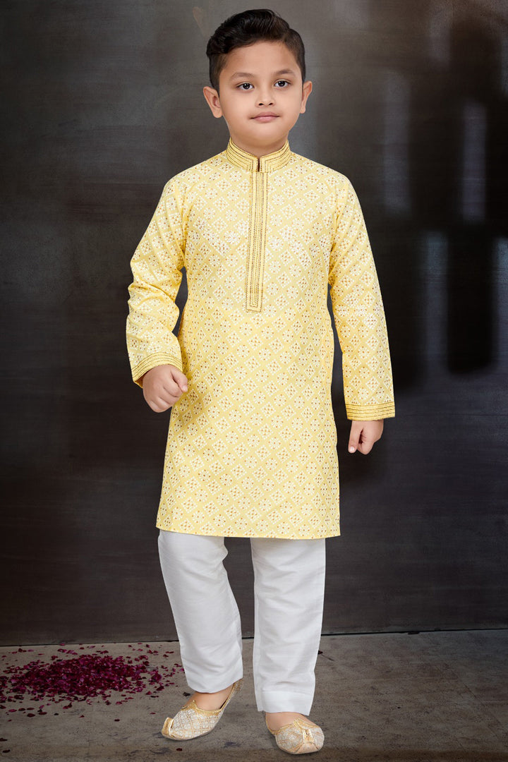 Yellow Occasion Wear Cotton Fabric Designer Readymade Kurta Pyjama For Boys