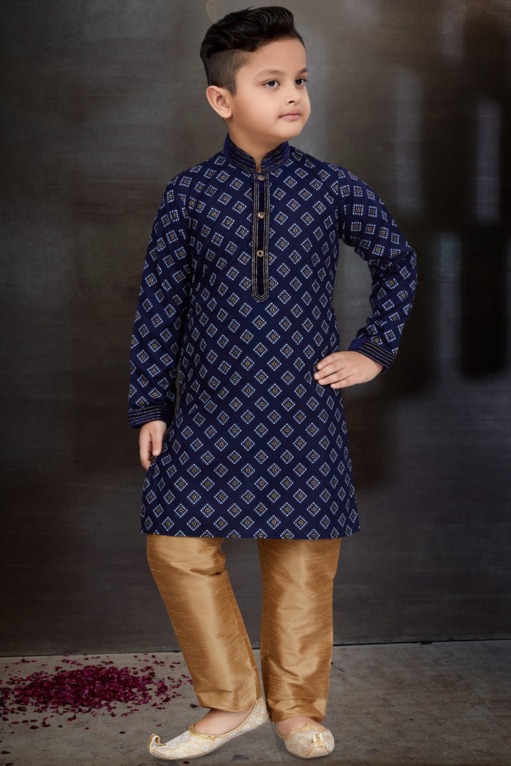Sangeet Function Wear Designer Readymade Kurta Pyjama For Boys In Cotton Fabric Navy Blue