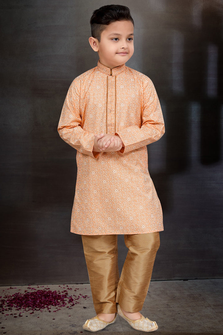 Peach Cotton Fabric Sangeet Function Wear Boys Designer Readymade Kurta Pyjama