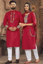 Load image into Gallery viewer, Navratri Special Embroidered Readymade Designer Salwar Kameez In Cotton Fabric Red Color
