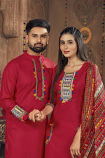 Load image into Gallery viewer, Navratri Special Embroidered Readymade Designer Salwar Kameez In Cotton Fabric Red Color
