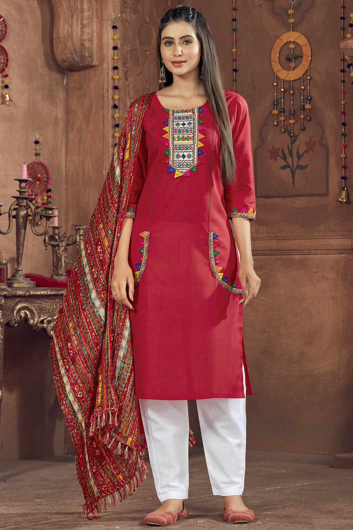 Navratri Special Embroidered Readymade Designer Salwar Kameez In Cotton Fabric Red Color