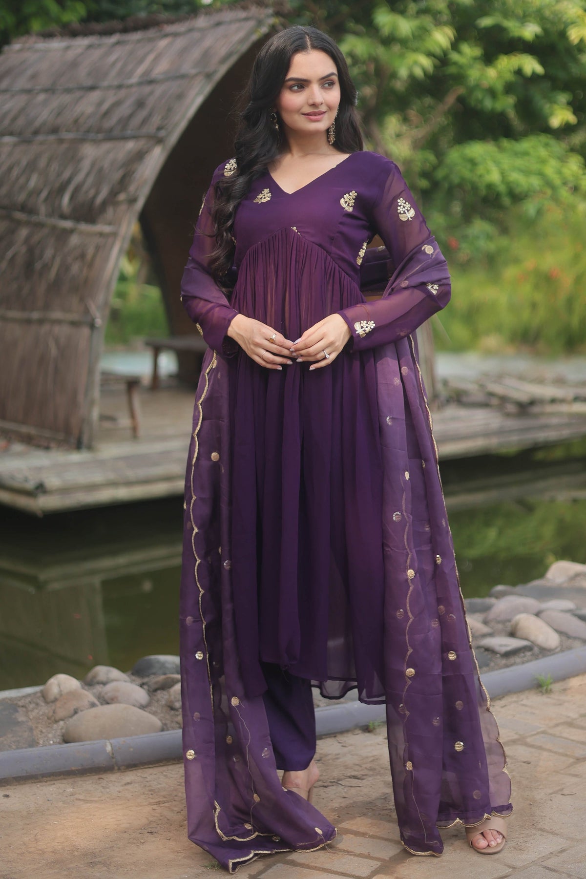 Fancy Fabric Purple Color Embroidered Readymade Designer Suit