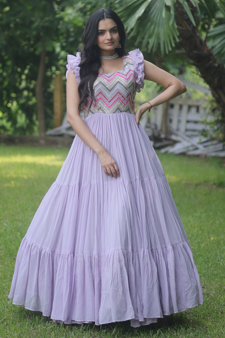 Georgette Fabric Embroidered Lavender Color Readymade Long Anarkali Style Gown