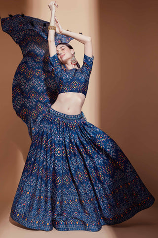 Chinon Fabric Teal Occasion Wear Digital Print Lehenga Choli