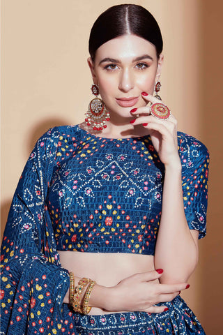 Chinon Fabric Teal Occasion Wear Digital Print Lehenga Choli