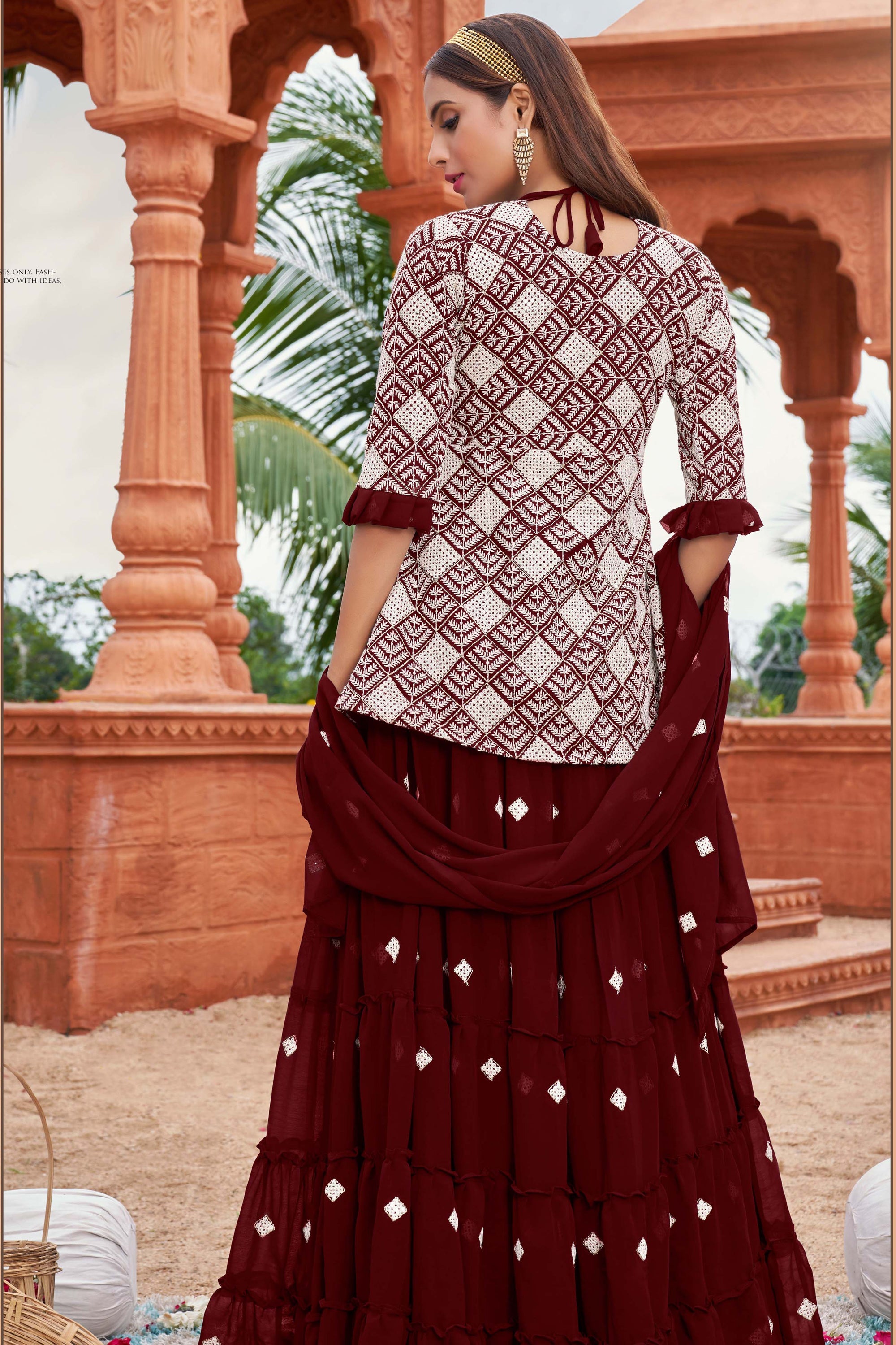 Maroon Embroidered Georgette Fabric Readymade Sharara Top Lehenga