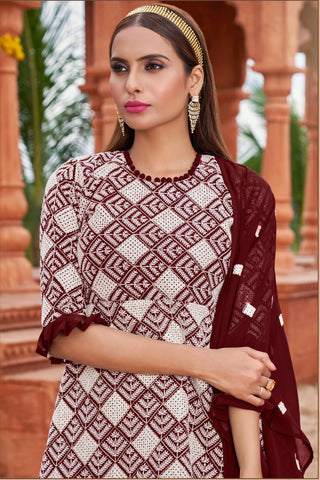 Maroon Embroidered Georgette Fabric Readymade Sharara Top Lehenga