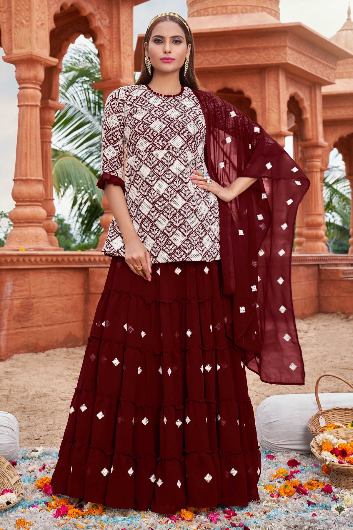 Maroon Embroidered Georgette Fabric Readymade Sharara Top Lehenga