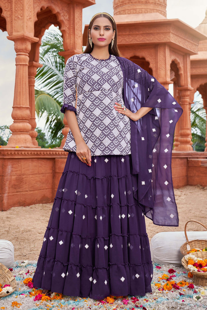 Purple Designer Embroidered Readymade Sharara Top Lehenga