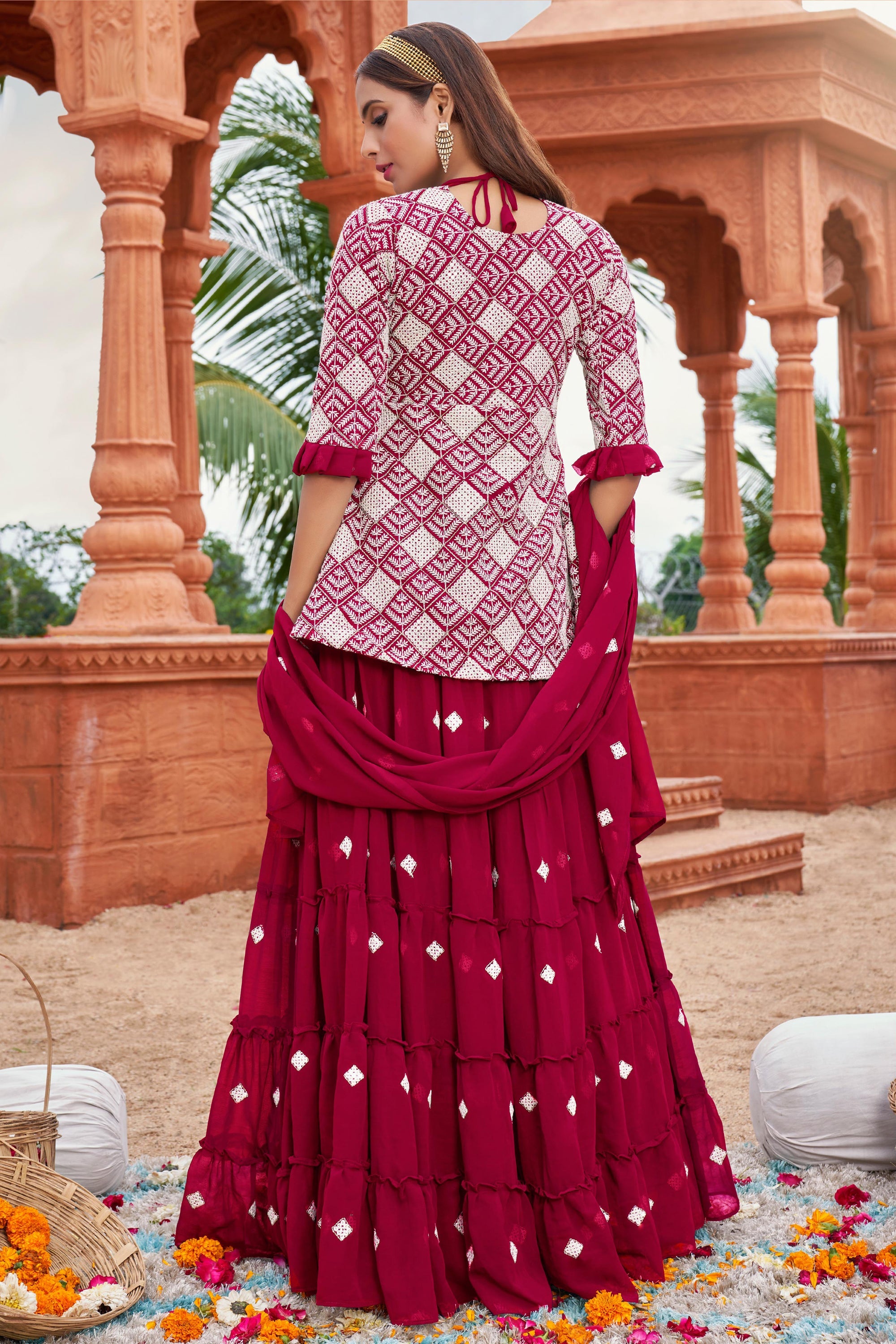 Embroidered Occasion Wear Readymade Sharara Top Lehenga In Pink Georgette Fabric