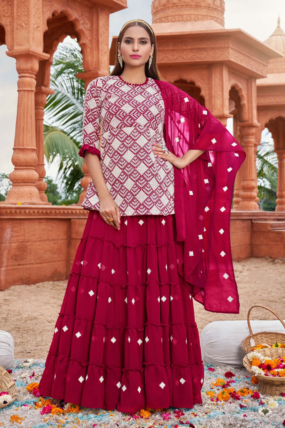 Embroidered Occasion Wear Readymade Sharara Top Lehenga In Pink Georgette Fabric