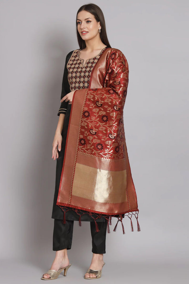 Black Color Embroidered Art Silk Fabric Readymade Designer Salwar Kameez With Banarasi Silk Dupatta