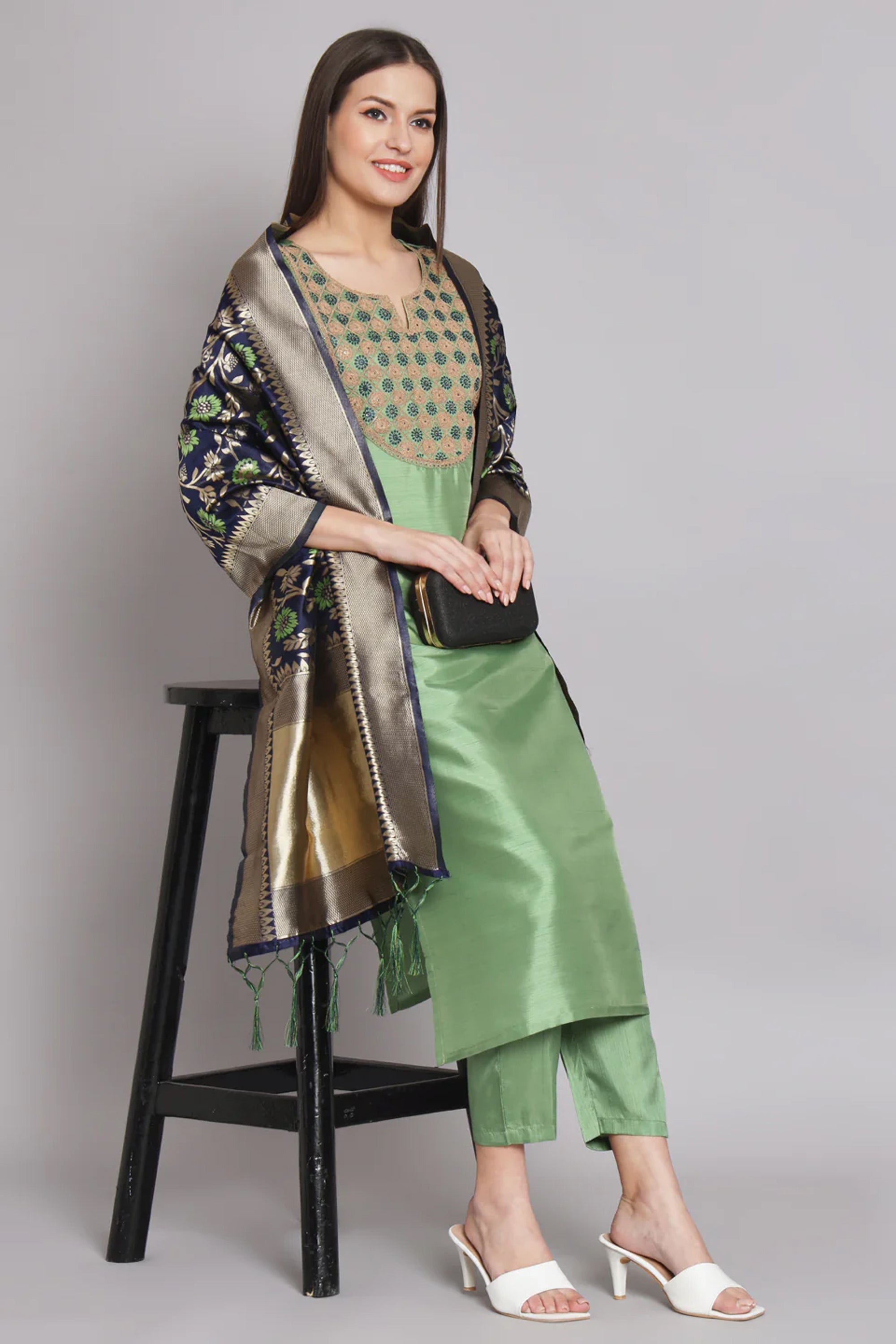 Art Silk Fabric Embroidered Sea Green Color Readymade Designer Salwar Suit With Banarasi Silk Dupatta