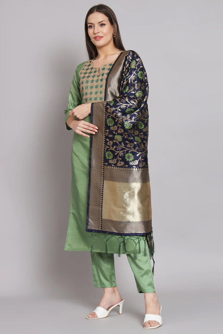 Art Silk Fabric Embroidered Sea Green Color Readymade Designer Salwar Suit With Banarasi Silk Dupatta
