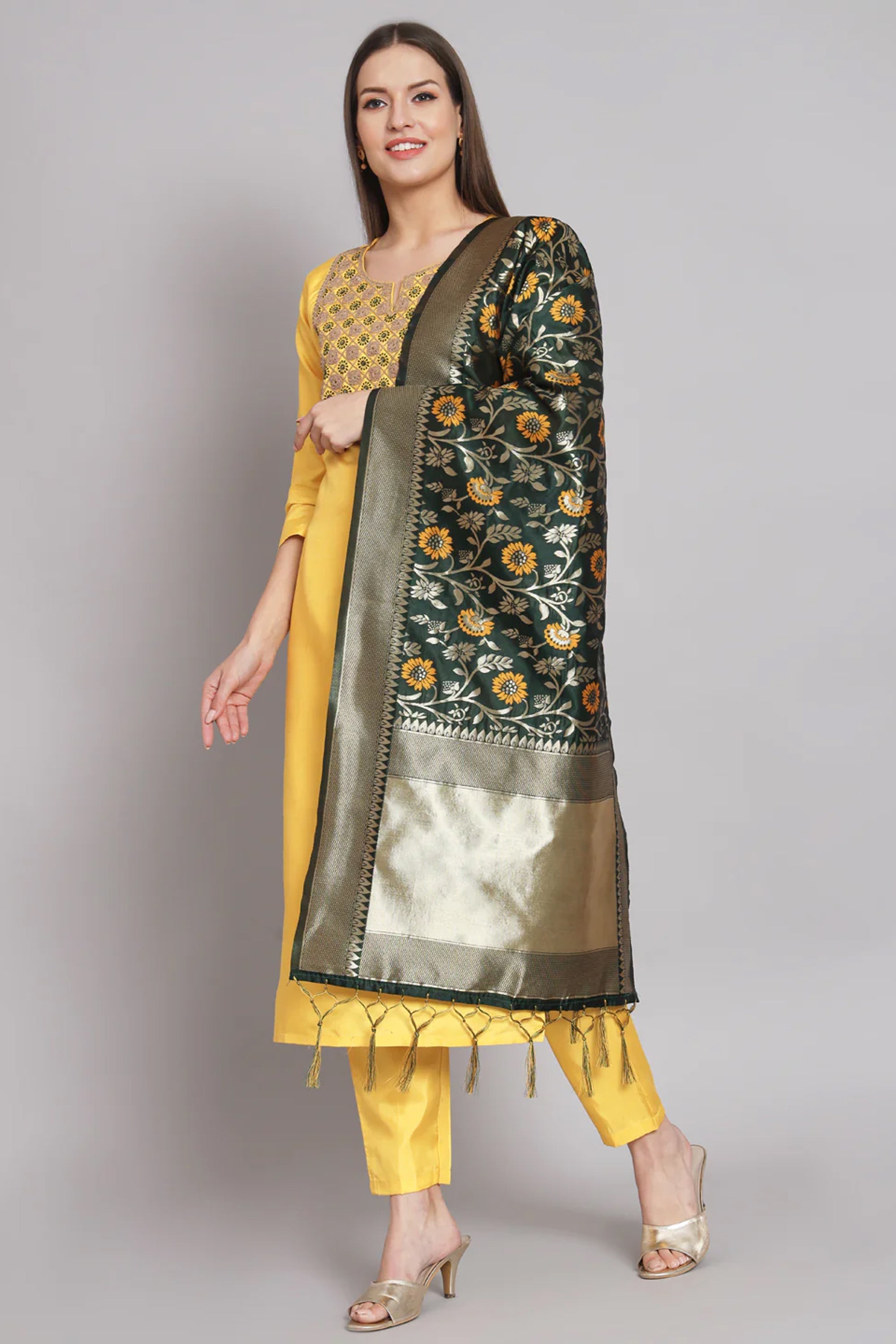 Art Silk Fabric Yellow Color Embroidered Readymade Designer Suit With Banarasi Silk Dupatta