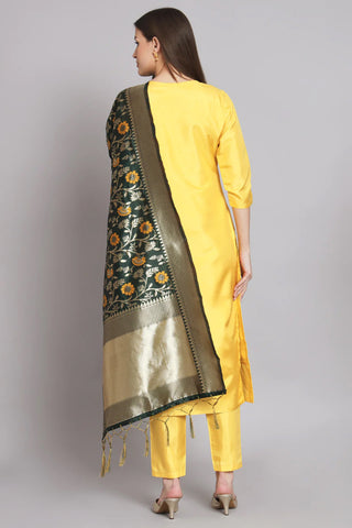 Art Silk Fabric Yellow Color Embroidered Readymade Designer Suit With Banarasi Silk Dupatta