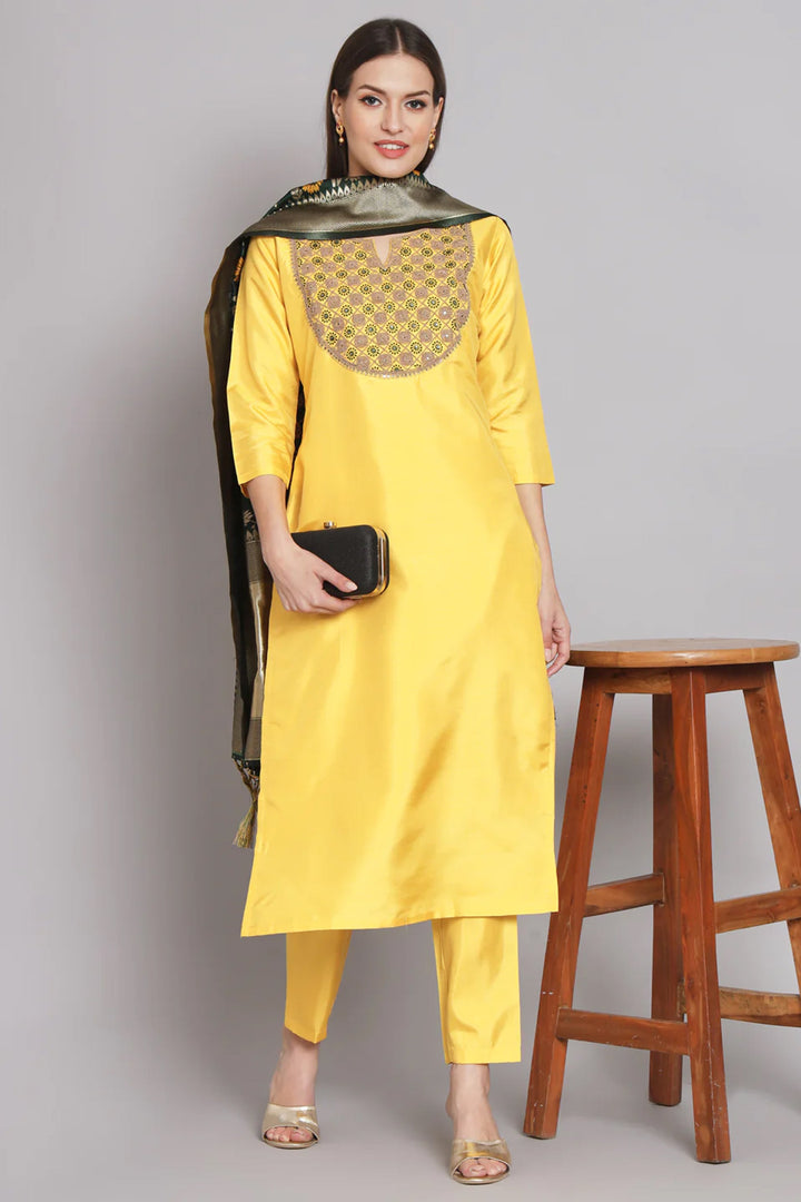 Art Silk Fabric Yellow Color Embroidered Readymade Designer Suit With Banarasi Silk Dupatta