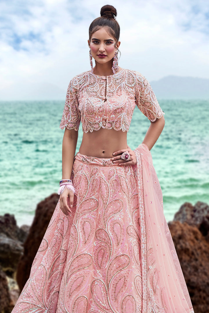 Heavy Embroidered Pink Net Fabric Sangeet Wear Lehenga Choli
