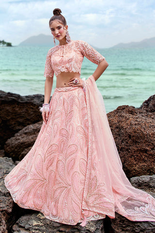 Heavy Embroidered Pink Net Fabric Sangeet Wear Lehenga Choli