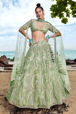 Load image into Gallery viewer, Sea Green Heavy Embroidered Net Fabric Reception Wear Lehenga Choli With Enchanting Blouse