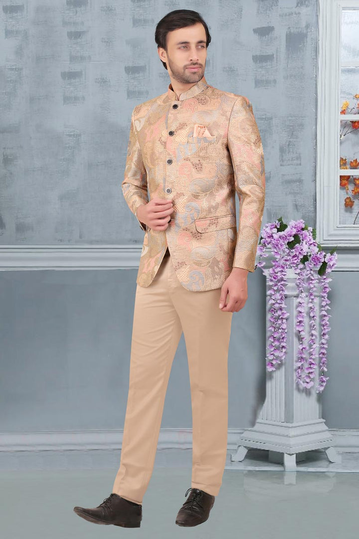 Beige Gorgeous Brocade Fabric Reception Wear Readymade Jodhpuri For Men