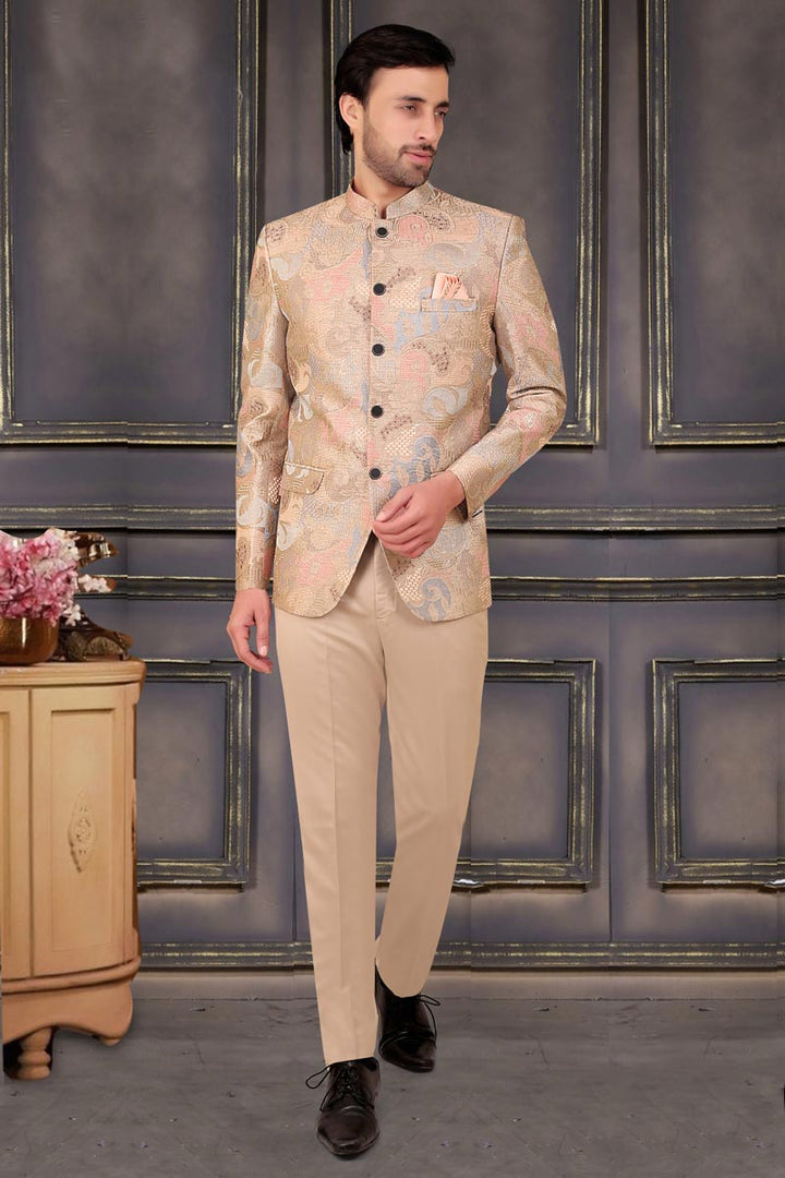 Beige Gorgeous Brocade Fabric Reception Wear Readymade Jodhpuri For Men