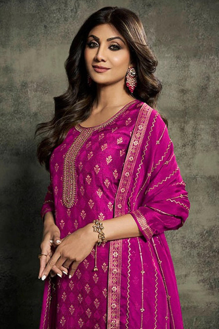 Shilpa Shetty Embroidered Jacquard Fabric Magenta Color Designer Straight Cut Long Salwar Suit