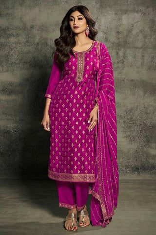 Shilpa Shetty Embroidered Jacquard Fabric Magenta Color Designer Straight Cut Long Salwar Suit