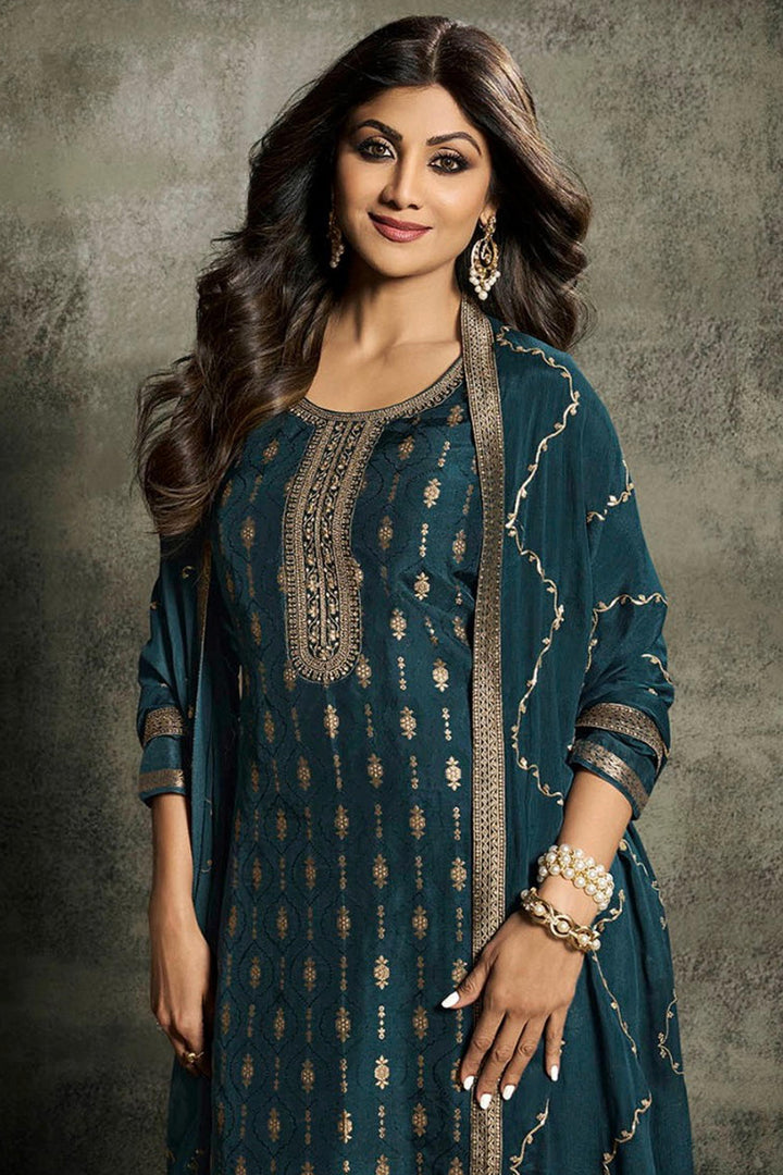 Shilpa Shetty Jacquard Fabric Embroidered Designer Straight Cut Long Salwar Suit
