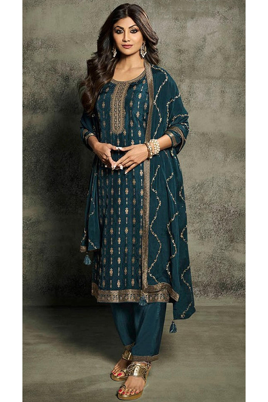 Shilpa Shetty Jacquard Fabric Embroidered Designer Straight Cut Long Salwar Suit