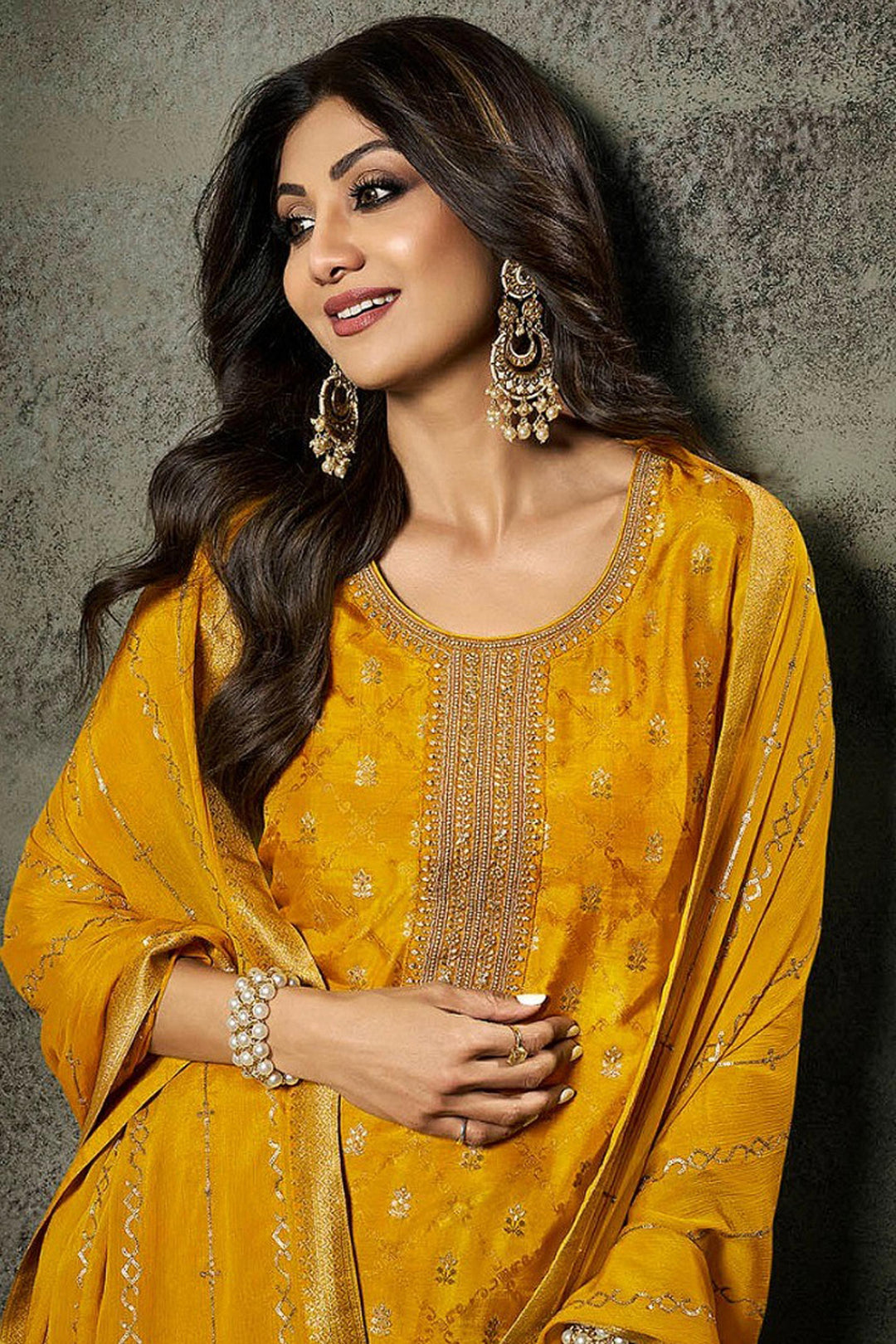 Shilpa Shetty Yellow Color Embroidered Designer Straight Cut Long Salwar Suit