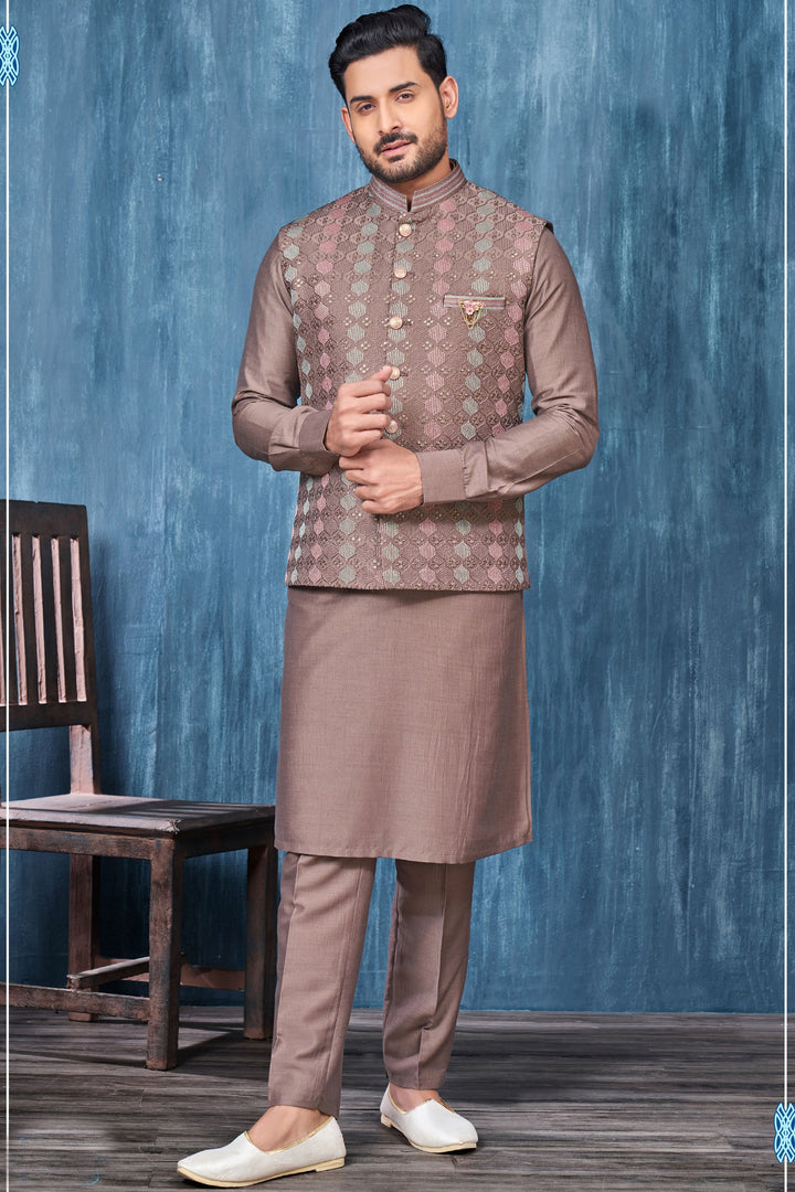 Embroidery Work Coffee Color Banarasi Silk Fabric Function Wear Readymade Kurta Pyjama For Men With Jacket