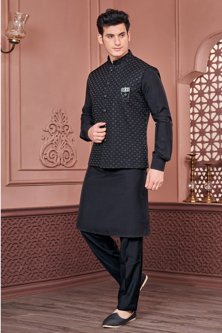 Banarasi Silk Stunning Embroidery Work Black Color Function Wear Readymade Men Kurta Pyjama With Jacket