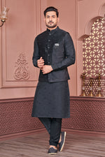 Load image into Gallery viewer, Velvet Black Festive Wear Readymade Lovely Embroidery Work Kurta Pyjama For Men With Jacket
