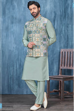 Load image into Gallery viewer, Sea Green Printed Pretty Jacquard Fabric Sangeet Wear Readymade Men Kurta Pyjama With Jacket
