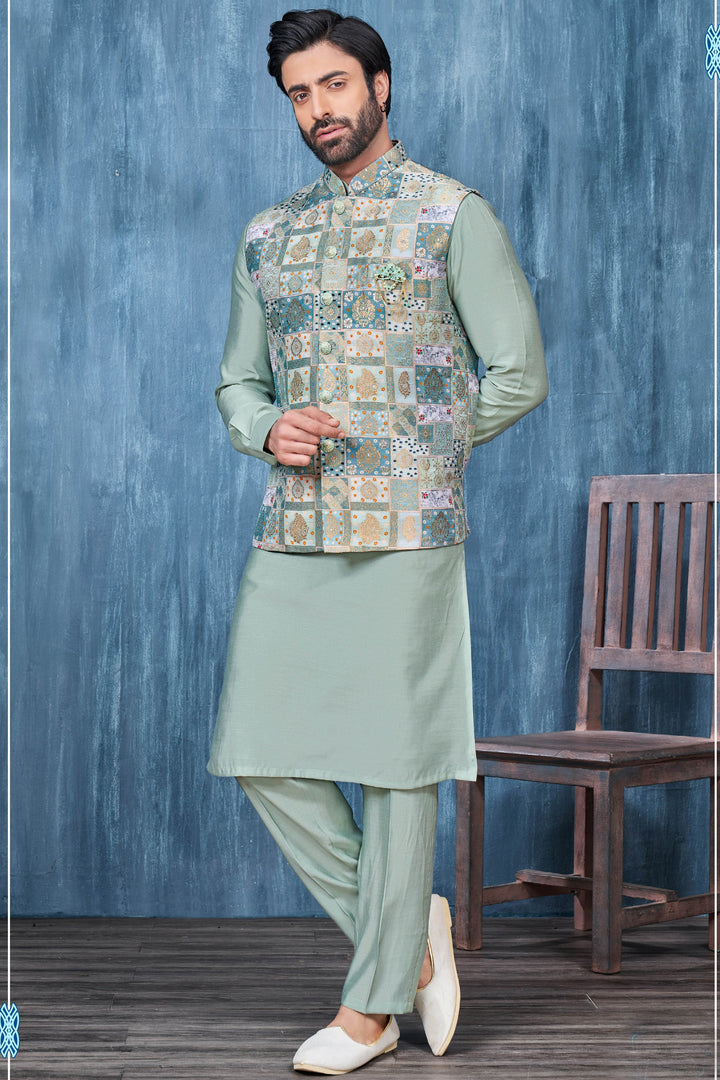 Sea Green Printed Pretty Jacquard Fabric Sangeet Wear Readymade Men Kurta Pyjama With Jacket