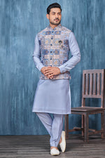 Load image into Gallery viewer, Jacquard Blue Reception Wear Attractive Printed Readymade Men Kurta Pyjama With Jacket
