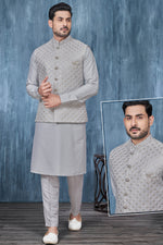 Load image into Gallery viewer, Embroidery Work Banarasi Silk Grey Color Sangeet Wear Readymade Kurta Pyjama For Men With Jacket

