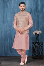 Load image into Gallery viewer, Pink Color Embroidery Work Banarasi Silk Fabric Function Wear Readymade Kurta Pyjama For Men With Jacket
