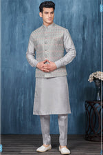 Load image into Gallery viewer, Banarasi Silk Fabric Grey Color Embroidery Work Festive Wear Trendy Readymade Men Kurta Pyjama With Jacket
